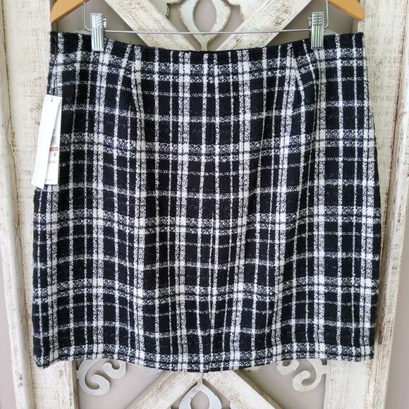 Calvin Klein Women's Plaid Tweed Woven Zipper A-Line Skirt Black White Metallic - Picture 4 of 7